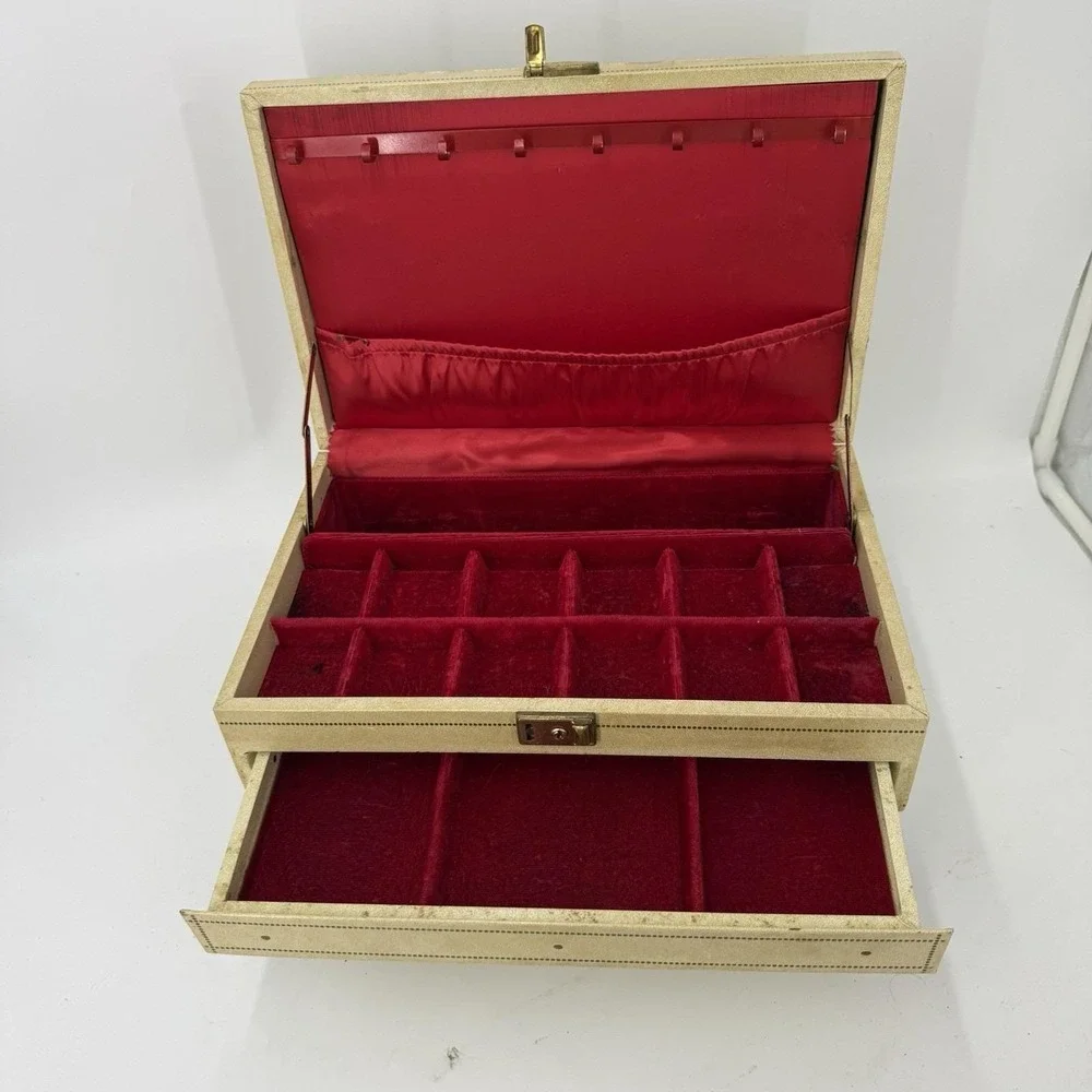 Vintage Mele Jewelry Box 1 Drawer Red Velvet and satin-Faux cream leather w/gold